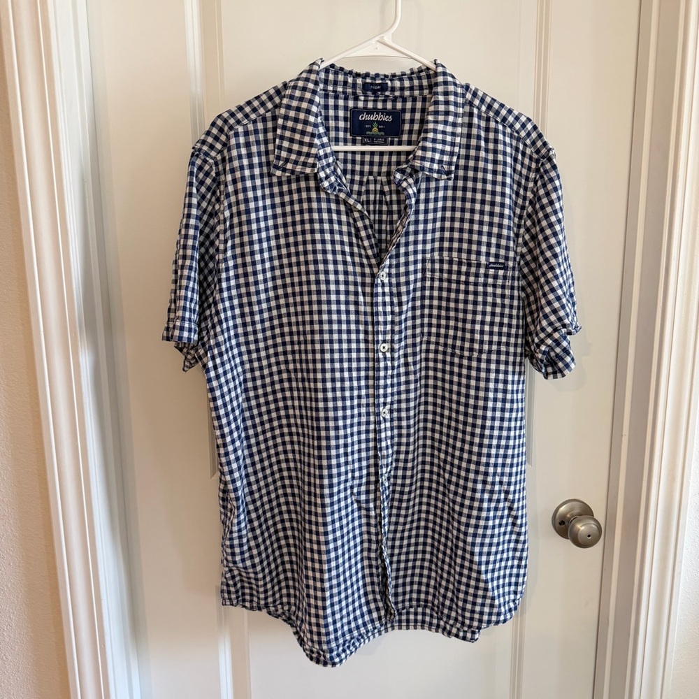 Chubbies Short Sleeve Button Down Shirt XL Blue White Check Cotton Blend Summer